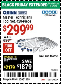 Harbor Freight Coupon MASTER TECHNICIANS TOOL SET, 428-PIECE Lot No. 58154 Expired: 12/3/23 - $299.99
