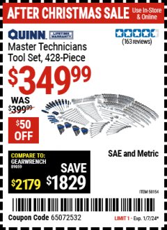 Harbor Freight Coupon MASTER TECHNICIANS TOOL SET, 428-PIECE Lot No. 58154 Expired: 1/7/24 - $349.99
