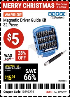 Harbor Freight Coupon 32 PIECE MAGNETIC DRIVER GUIDE KIT Lot No. 68515 Expired: 12/26/21 - $5