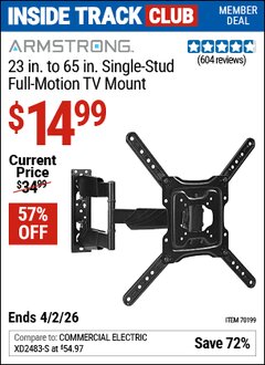 Harbor Freight ITC Coupon ARMSTRONG 23 IN. TO 65 IN. SINGLE-STUD FULL-MOTION TV MOUNT Lot No. 70199 Dates Valid: 12/31/69 - 4/2/26 - $14.99