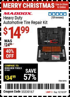 Harbor Freight Coupon MADDOX HEAVY DUTY AUTOMOTIVE TIRE REPAIR KIT  Lot No. 58593 Expired: 12/10/23 - $14.99