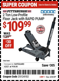 Harbor Freight Coupon PITTSBURGH 2 TON LOW-PROFILE FLOOR JACK WITH RAPID PUMP, SLATE GRAY Lot No. 70485 Expired: 4/26/26 - $109.99