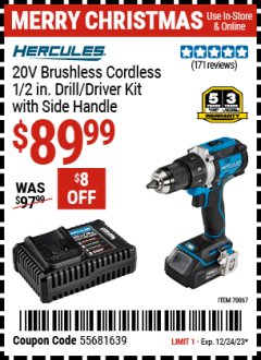Harbor Freight Coupon HERCULE'S 20V BRUSHLESS CORDLESS 1/2 IN. DRILL/DRIVER KIT WITH SIDE HANDLE Lot No. 70067 Expired: 12/24/23 - $89.99