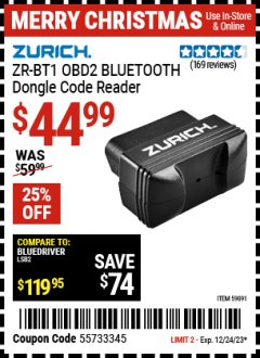 Harbor Freight Coupon ZURICH ZR-BT1 OBD2 BLUETOOTH DONGLE CODE READER Lot No. 59091 Expired: 12/24/23 - $44.99