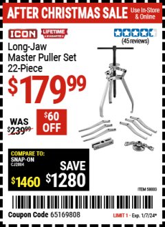 Harbor Freight Coupon ICON LONG JAW MASTER PULLER SET Lot No. 58003 Expired: 1/7/24 - $179.99