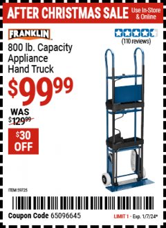 Harbor Freight Coupon FRANKLIN 800 LB. CAPACITY APPLIANCE HAND TRUCK Lot No. 59725 Expired: 1/7/24 - $99.99