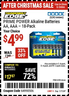 Harbor Freight Coupon PRIME POWER ALKALINE BATTERIES AA - 18 PACK Lot No. 64490 Expired: 1/7/24 - $4.99