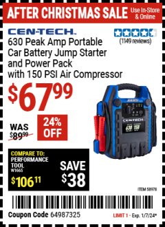Harbor Freight Coupon CEN-TECH 630 AMP JUMP PACK AND AIR COMPRESSOR Lot No. 58978 Expired: 1/7/24 - $67.99