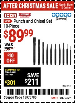 Harbor Freight Coupon ICON PUNCH AND CHISEL SET, 10-PIECE Lot No. 59147 Expired: 1/7/24 - $89.99