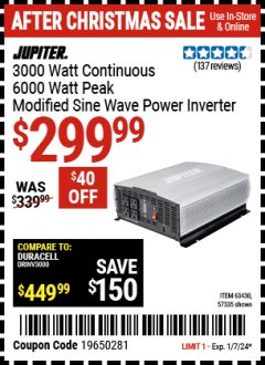 Harbor Freight Coupon 3000 WATT CONTINUOUS MODIFIED SINE WAVE POWER INVERTER Lot No. 63430, 57335 Expired: 1/7/24 - $299.99