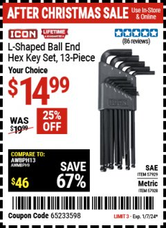 Harbor Freight Coupon L-SHAPED BALL END HEX KEY SET, 13-PIECE Lot No. 57929 Expired: 1/7/24 - $14.99