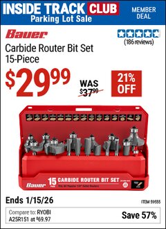 Harbor Freight ITC Coupon BAUER CARBIDE ROUTER BIT SET, 15-PIECE Lot No. 59555 Expired: 1/15/26 - $29.99
