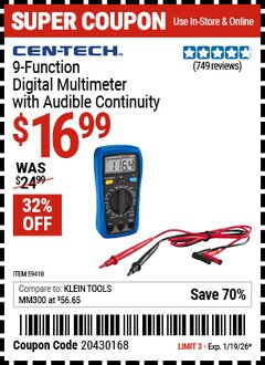 Harbor Freight Coupon CEN-TECH 9-FUNCTION DIGITAL MULTIMETER WITH AUDIBLE CONTINUITY Lot No. 59410 Valid Thru: 1/19/26 - $16.99