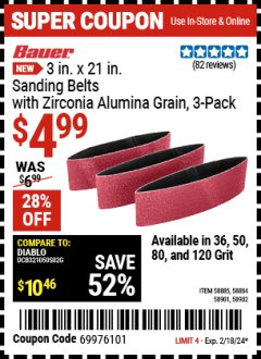 Harbor Freight Coupon BAUER 3 IN. X 21 IN. SANDING BELTS, 3-PACK Lot No. 58884/58901/58902/73979 Expired: 2/18/24 - $4.99