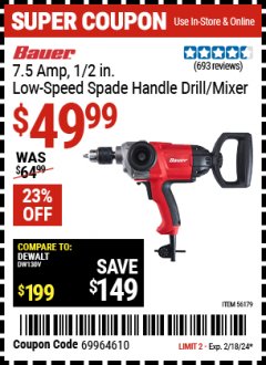 Harbor Freight Coupon BAUER 7.5 AMP, 1/2 IN. LOW-SPEED SPADE HANDLE DRILL/MIXER Lot No. 56179 Expired: 2/18/24 - $49.99
