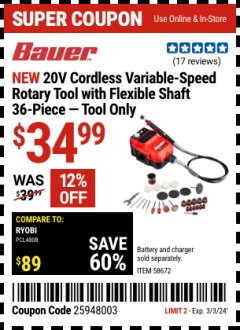 Harbor Freight Coupon 20V CORDLESS VARIABLE-SPEED ROTARY TOOL WITH FLEXIBLE SHAFT 36-PIECE - TOOL ONLY Lot No. 58672 Expired: 3/3/24 - $34.99