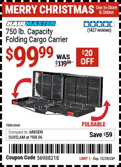 Harbor Freight Coupon HAUL MASTER 750 LB. CAPACITY FOLDING CARGO CARRIER Lot No. 56120/62660 Expired: 12/29/24 - $99.99