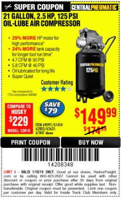Harbor Freight ITC Coupon 2.5 HP, 21 GALLON 125 PSI VERTICAL AIR COMPRESSOR Lot No. 67847/61454/61693/69091/62803/63635 Expired: 1/10/19 - $149.99
