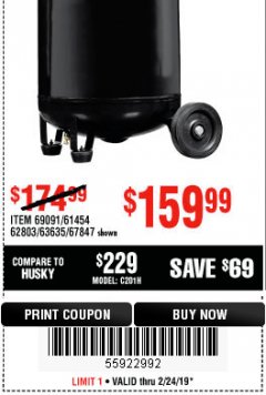 Harbor Freight Coupon 2.5 HP, 21 GALLON 125 PSI VERTICAL AIR COMPRESSOR Lot No. 67847/61454/61693/69091/62803/63635 Expired: 2/24/19 - $159.99