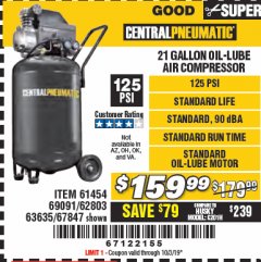 Harbor Freight Coupon 2.5 HP, 21 GALLON 125 PSI VERTICAL AIR COMPRESSOR Lot No. 67847/61454/61693/69091/62803/63635 Expired: 10/3/19 - $159.99