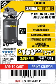 Harbor Freight Coupon 2.5 HP, 21 GALLON 125 PSI VERTICAL AIR COMPRESSOR Lot No. 67847/61454/61693/69091/62803/63635 Expired: 6/16/19 - $159.99
