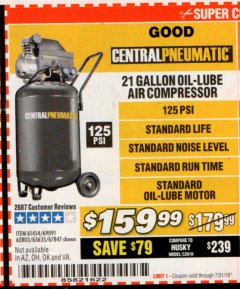 Harbor Freight Coupon 2.5 HP, 21 GALLON 125 PSI VERTICAL AIR COMPRESSOR Lot No. 67847/61454/61693/69091/62803/63635 Expired: 7/31/19 - $159.99