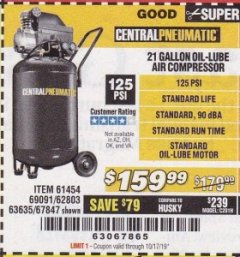 Harbor Freight Coupon 2.5 HP, 21 GALLON 125 PSI VERTICAL AIR COMPRESSOR Lot No. 67847/61454/61693/69091/62803/63635 Expired: 10/17/19 - $159.99