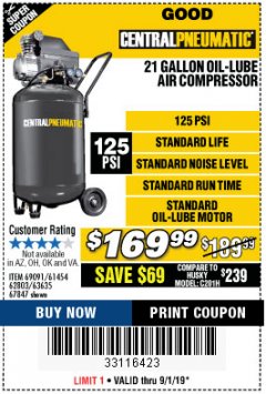 Harbor Freight Coupon 2.5 HP, 21 GALLON 125 PSI VERTICAL AIR COMPRESSOR Lot No. 67847/61454/61693/69091/62803/63635 Expired: 9/1/19 - $169.99