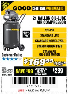 Harbor Freight Coupon 2.5 HP, 21 GALLON 125 PSI VERTICAL AIR COMPRESSOR Lot No. 67847/61454/61693/69091/62803/63635 Expired: 10/31/19 - $169.99