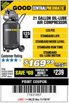Harbor Freight Coupon 2.5 HP, 21 GALLON 125 PSI VERTICAL AIR COMPRESSOR Lot No. 67847/61454/61693/69091/62803/63635 Expired: 11/10/19 - $169.99