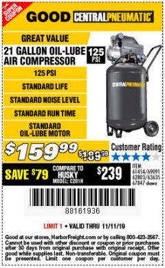 Harbor Freight Coupon 2.5 HP, 21 GALLON 125 PSI VERTICAL AIR COMPRESSOR Lot No. 67847/61454/61693/69091/62803/63635 Expired: 11/11/19 - $159.99
