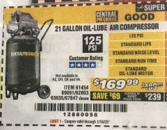 Harbor Freight Coupon 2.5 HP, 21 GALLON 125 PSI VERTICAL AIR COMPRESSOR Lot No. 67847/61454/61693/69091/62803/63635 Expired: 1/16/20 - $169.99