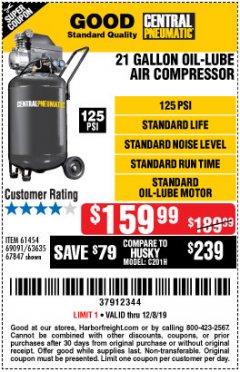 Harbor Freight Coupon 2.5 HP, 21 GALLON 125 PSI VERTICAL AIR COMPRESSOR Lot No. 67847/61454/61693/69091/62803/63635 Expired: 12/8/19 - $159.99