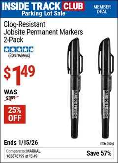 Harbor Freight ITC Coupon CLOG-RESISTANT JOBSITE PERMANENT MARKERS, 2-PACK Lot No. 70060 Valid Thru: 1/15/26 - $1.49