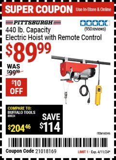 Harbor Freight Coupon PITTSBURGH 440 LB. CAPACITY ELECTRIC HOIST WITH REMOTE CONTROL Lot No. 60346 Expired: 4/11/24 - $89.99