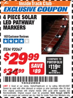 Harbor Freight ITC Coupon 4 PIECE SOLAR LED PATHWAY MARKERS Lot No. 92067 Expired: 4/30/19 - $29.99