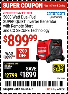 Harbor Freight Coupon 5000 WATT DUAL-FUEL SUPER QUIET INVERTER GENERATOR WITH REMOTE START AND CO SECURE TECHNOLOGY Lot No. 70143 Expired: 4/21/24 - $899.99