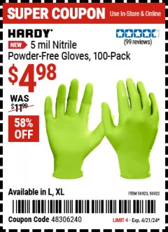 Harbor Freight Coupon HARDY 5 MIL NITRILE POWDER-FREE GLOVES, 100-PACK Lot No. 56923, 56922 Expired: 4/21/24 - $4.98