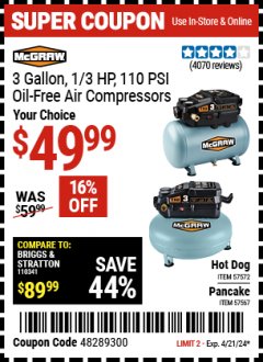 Harbor Freight Coupon 3 GALLON, 1/3 HP, 110 PSI OIL-FREE AIR COMPRESSORS Lot No. 57572, 57567 Expired: 4/21/24 - $49.99
