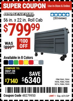 Harbor Freight Coupon U.S. GENERAL 56 IN. X 22 IN. ROLL CAB, SERIES 3 Lot No. 70341, 70344, 70346, 70383, 70385, 58714, 70384, 70345 Expired: 4/21/24 - $799.99
