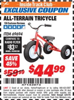 Harbor Freight ITC Coupon ALL-TERRAIN TRICYCLE Lot No. 60652/69694 Expired: 5/31/19 - $44.99