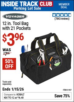 Harbor Freight ITC Coupon VOYAGER 12 IN. TOOL BAG WITH 21 POCKETS Lot No. 61467 Valid Thru: 1/15/26 - $3.96