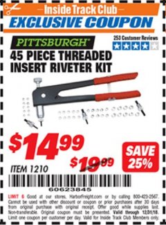 Harbor Freight ITC Coupon 45 PIECE THREADED INSERT RIVETER KIT Lot No. 1210 Expired: 12/31/18 - $14.99