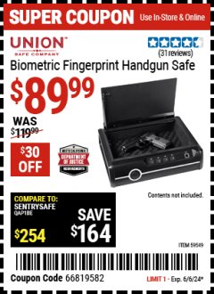 Harbor Freight Coupon BIOMETRIC FINGERPRINT HANDGUN SAFE Lot No. 59549 Expired: 6/6/24 - $89.99