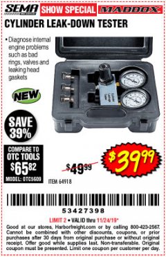 Harbor Freight Coupon CYLINDER LEAK-DOWN TESTER Lot No. 94190 Expired: 11/24/19 - $39.99