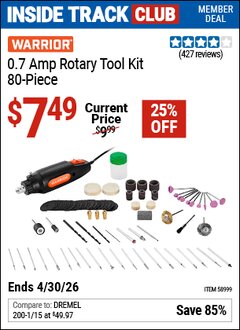 Harbor Freight Coupon WARRIOR 0.7 AMP ROTARY TOOL KIT, 80-PIECE Lot No. 58999 Valid: 12/31/69 - 4/30/26 - $7.49