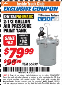 Harbor Freight ITC Coupon 2-1/2 GALLON AIR PRESSURE PAINT TANK Lot No. 66839 Expired: 1/31/19 - $79.99