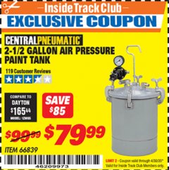 Harbor Freight ITC Coupon 2-1/2 GALLON AIR PRESSURE PAINT TANK Lot No. 66839 Expired: 4/30/20 - $79.99