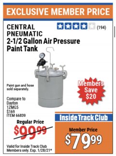 Harbor Freight ITC Coupon 2-1/2 GALLON AIR PRESSURE PAINT TANK Lot No. 66839 Expired: 1/28/21 - $79.99
