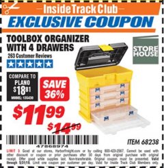 Harbor Freight ITC Coupon TOOLBOX ORGANIZER WITH 4 DRAWERS Lot No. 68238 Expired: 5/31/19 - $11.99